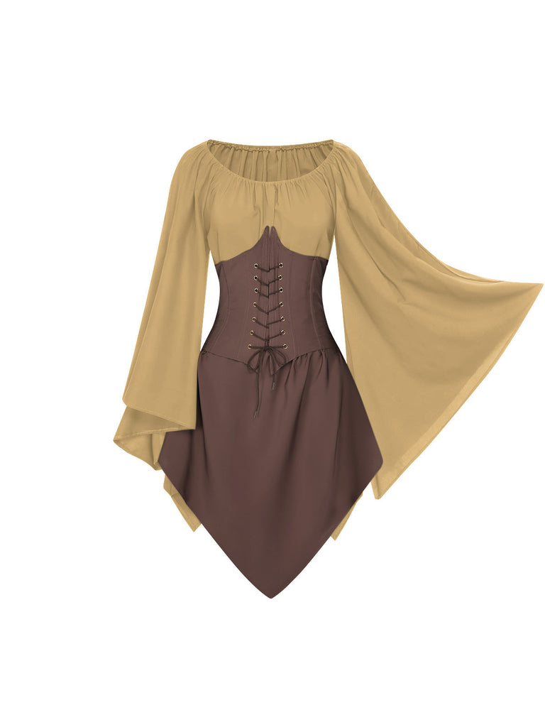 Braun 1950er Halloween Hexen Vampir Fledermausärmel Patchwork Kleid