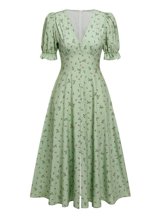 Grün 1940er V-Ausschnitt Blumen Laternenärmels Kleid