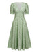 Grün 1940er V-Ausschnitt Blumen Laternenärmels Kleid