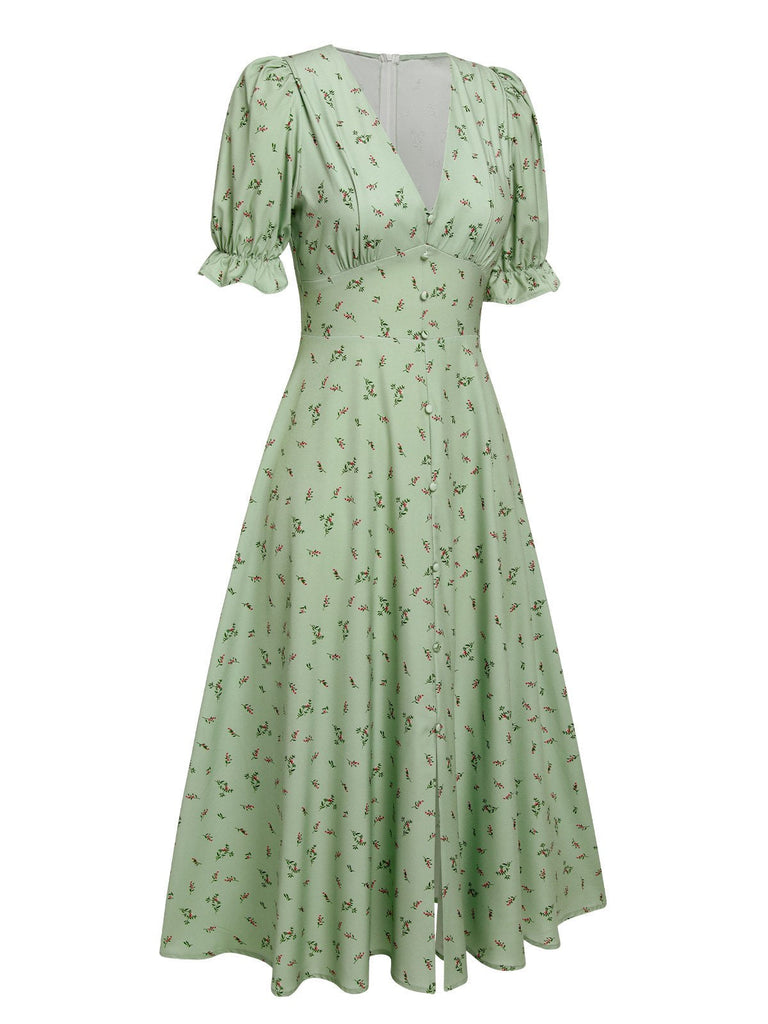 Grün 1940er V-Ausschnitt Blumen Laternenärmels Kleid