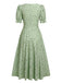 Grün 1940er V-Ausschnitt Blumen Laternenärmels Kleid