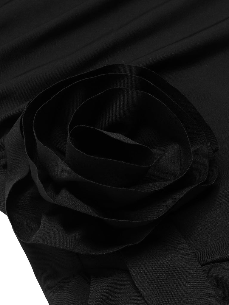 1970er Gothic Solide 3D-Rose Rüsche High-Low Saum Kleid