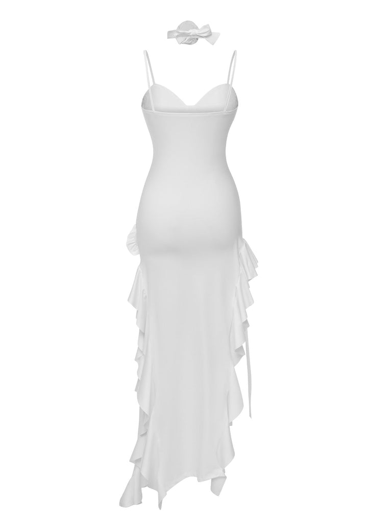 1970er Gothic Solide 3D-Rose Rüsche High-Low Saum Kleid