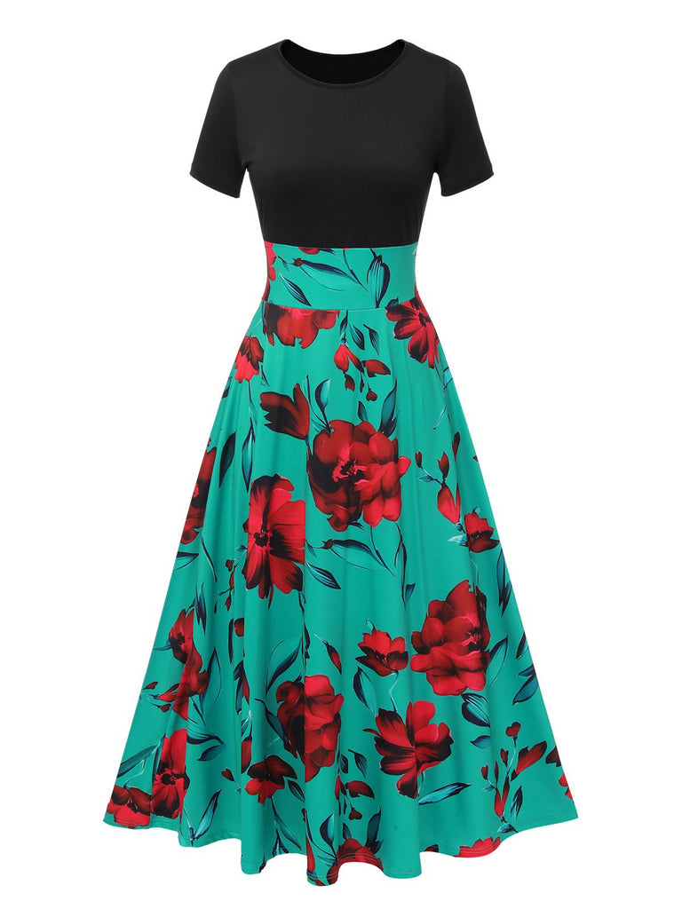 1970er Rundhals Blumen Patchwork Kleid