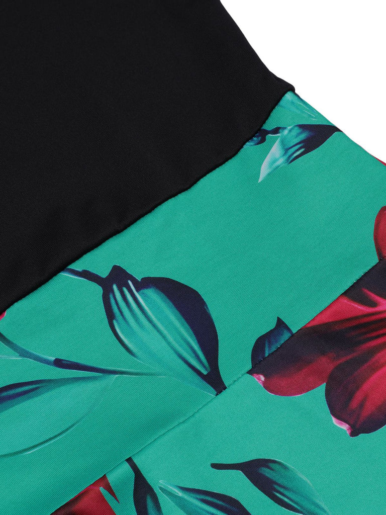 1970er Rundhals Blumen Patchwork Kleid