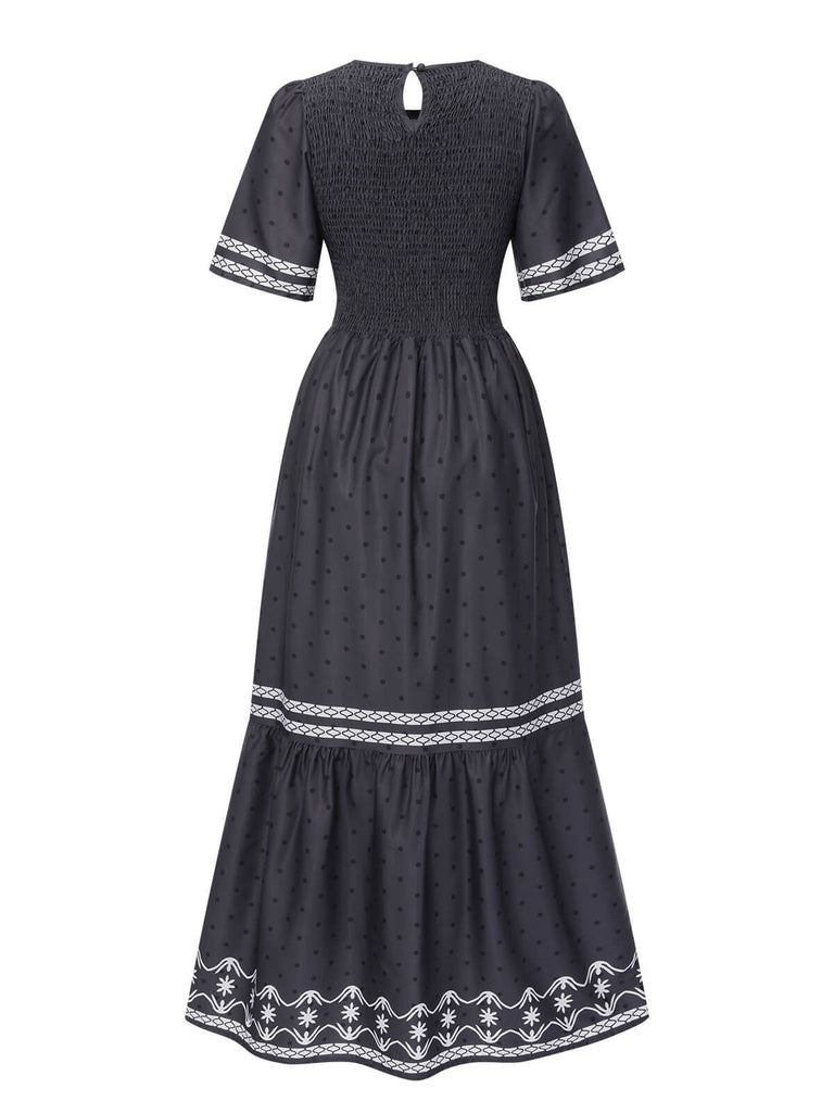 Grau 1940er Gesmokt Dots Moderates Maxikleid