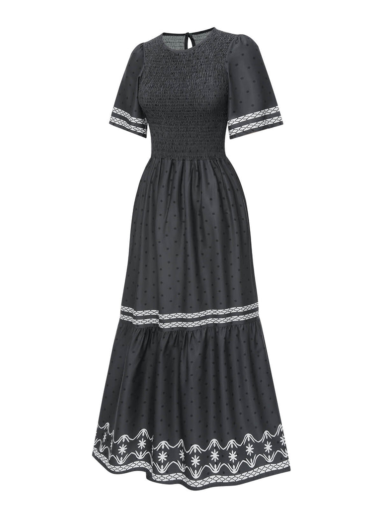 Grau 1940er Gesmokt Dots Moderates Maxikleid