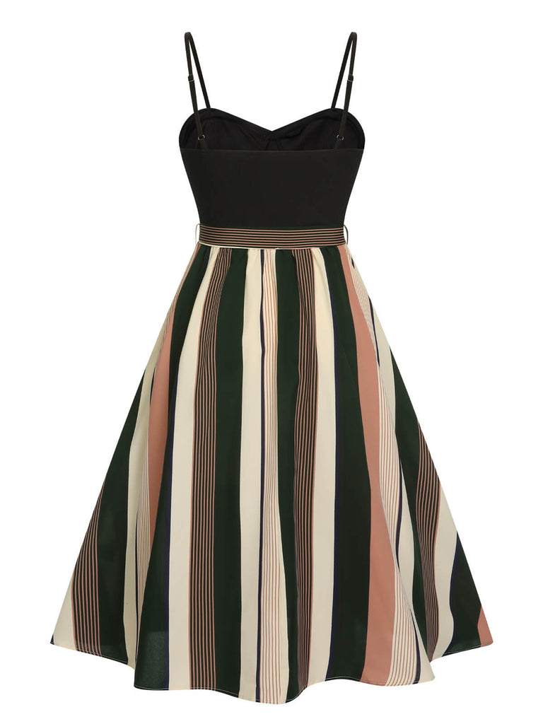 Schwarz 1940er Streifen Patchwork Gurt Kleid