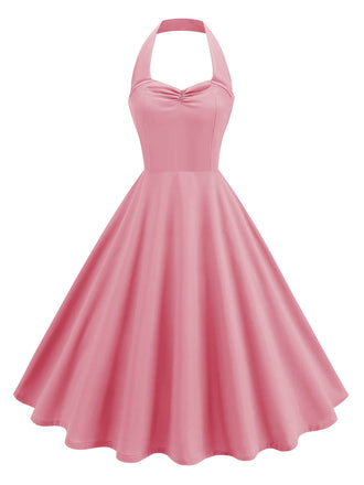 Rosa 1950er Solide Herzförmiger Hals Halter Kleid