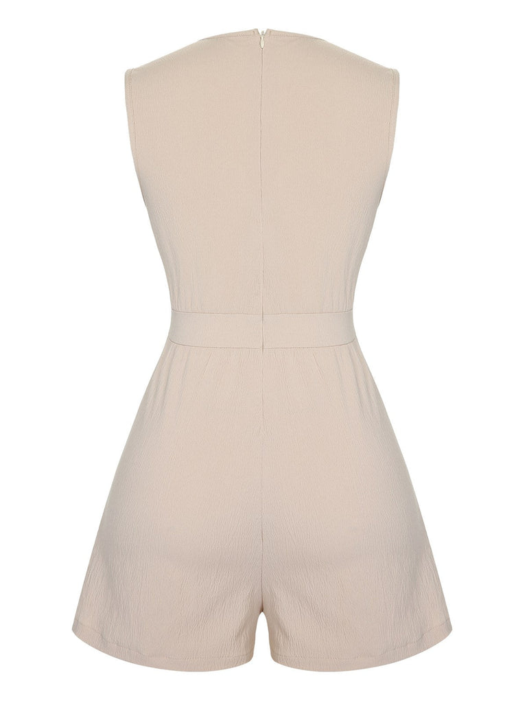 Beige 1950er Solide V-Ausschnitt Ärmelloser Romper