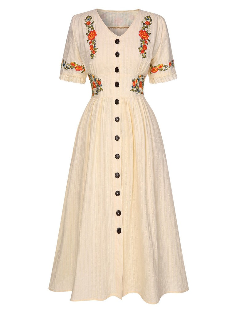 Grün 1940er V-Ausschnitt Knöpfen Baumwolle Blumen Kleid