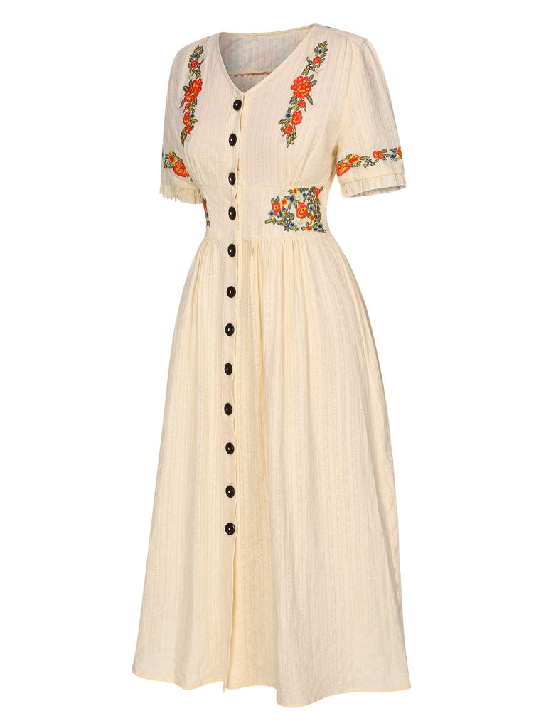 Grün 1940er V-Ausschnitt Knöpfen Baumwolle Blumen Kleid