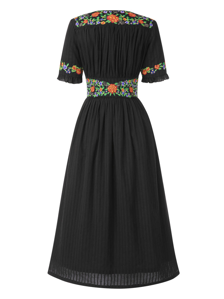 Grün 1940er V-Ausschnitt Knöpfen Baumwolle Blumen Kleid