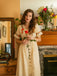 Beige 1940er V-Ausschnitt Knöpfen Blumen Kleid