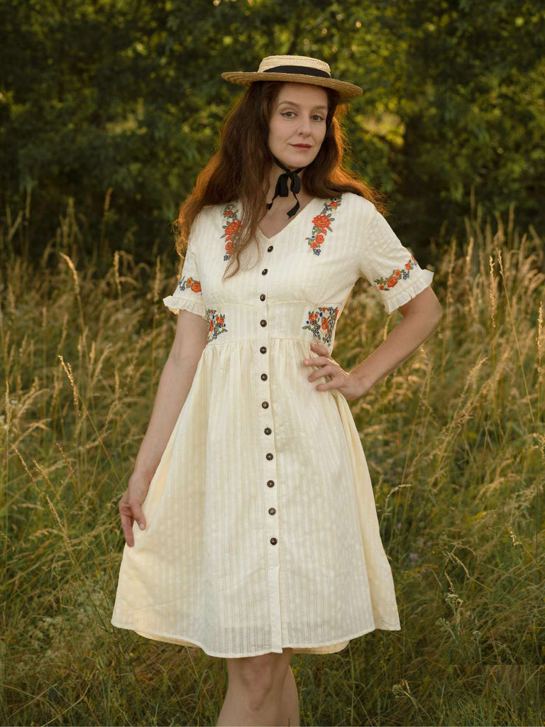 Beige 1940er V-Ausschnitt Knöpfen Blumen Kleid