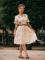 Beige 1940er V-Ausschnitt Knöpfen Blumen Kleid