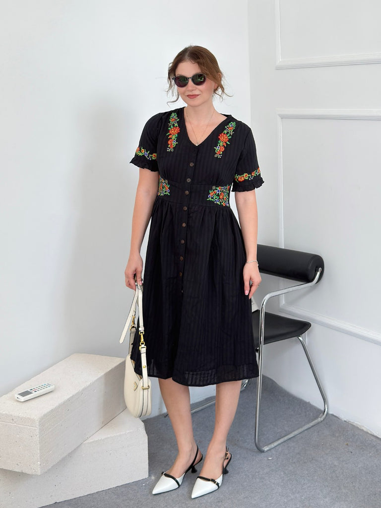 Grün 1940er V-Ausschnitt Knöpfen Baumwolle Blumen Kleid