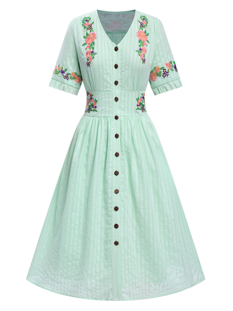 Grün 1940er V-Ausschnitt Knöpfen Baumwolle Blumen Kleid