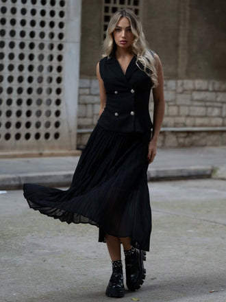 2PCS Schwarz 1960er V-Ausschnitt Top & Falten Rock