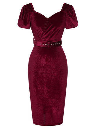 Weinrot 1960er Solide Laternenärmel Kleid mit Gürtel