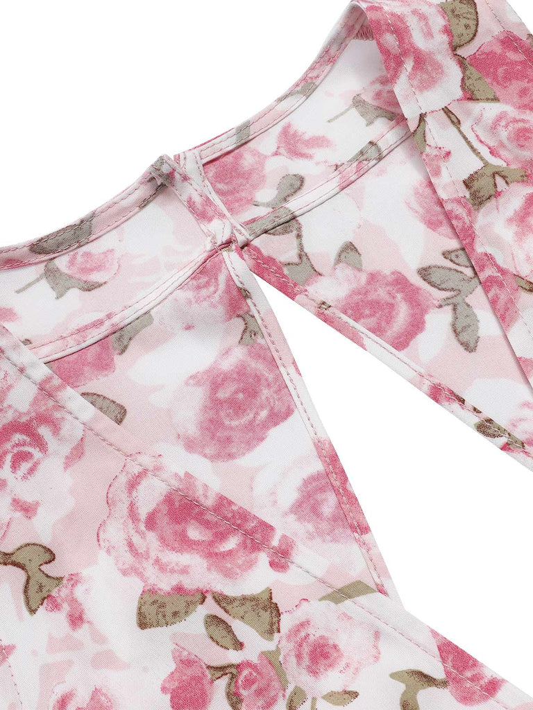 Orange 1950er Blumen V-Ausschnitt Kleid