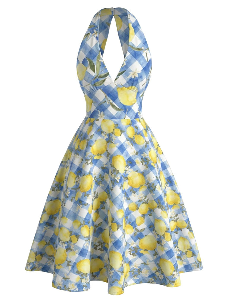 Blau 1950er Blumen V-Ausschnitt Kleid
