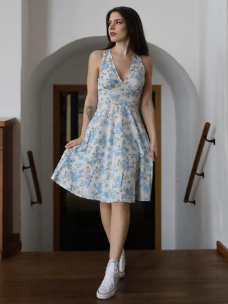 Blau 1950er Blumen V-Ausschnitt Kleid