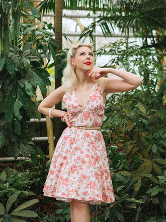 Rosa 1950er Blumen V-Ausschnitt Kleid