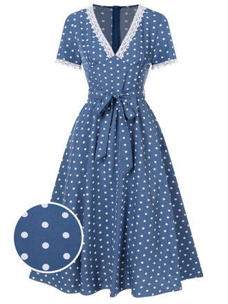 Dunkelblau 1930er V-Ausschnitt Polka Dots Kleid mit Gürtel