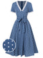 Dunkelblau 1930er V-Ausschnitt Polka Dots Kleid mit Gürtel