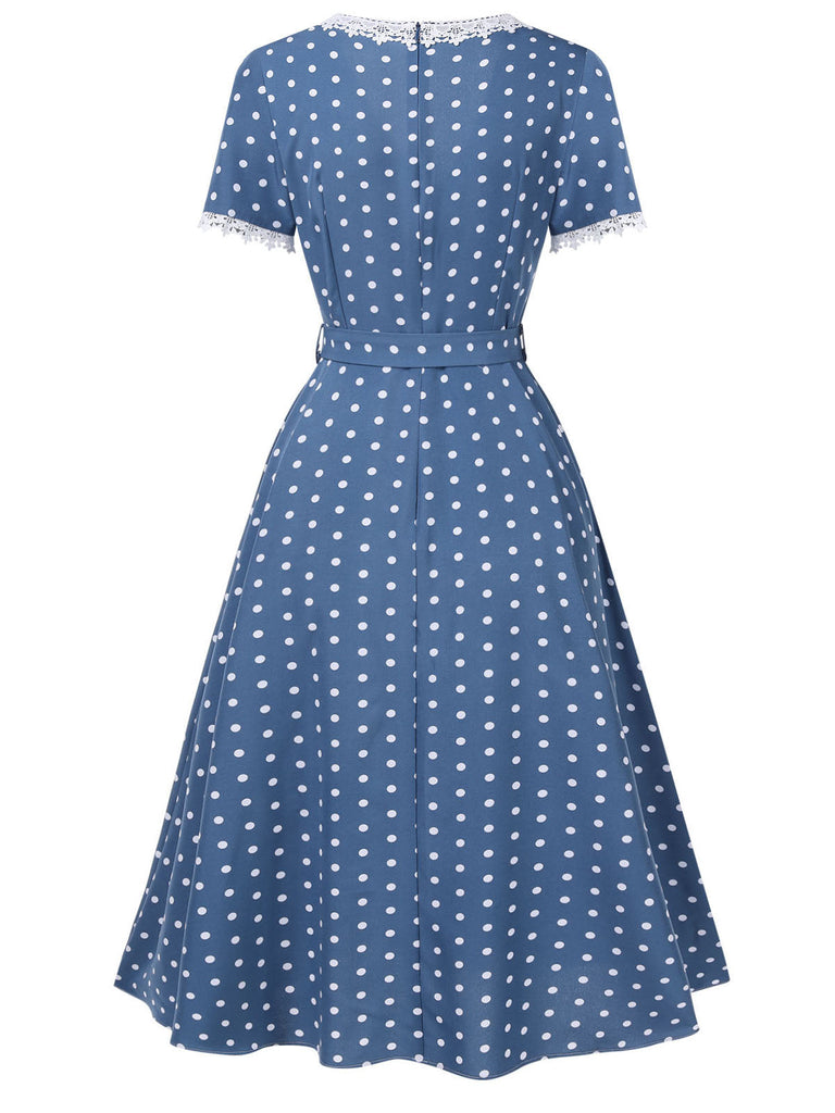 Dunkelblau 1930er V-Ausschnitt Polka Dots Kleid mit Gürtel