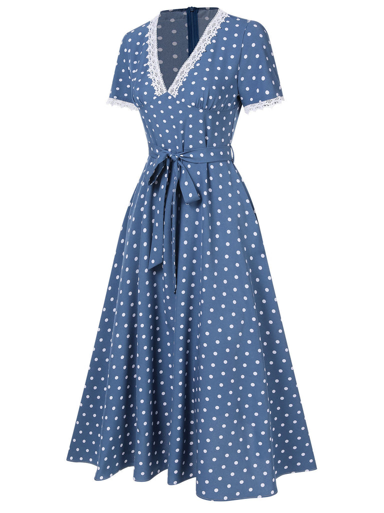 Dunkelblau 1930er V-Ausschnitt Polka Dots Kleid mit Gürtel