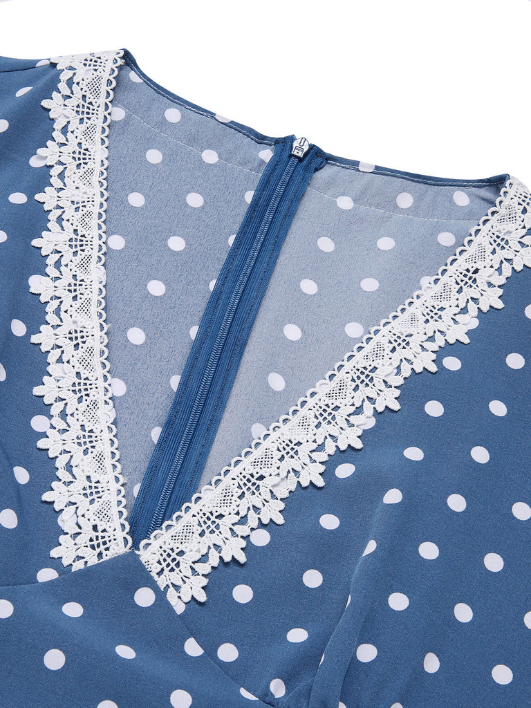 Dunkelblau 1930er V-Ausschnitt Polka Dots Kleid mit Gürtel