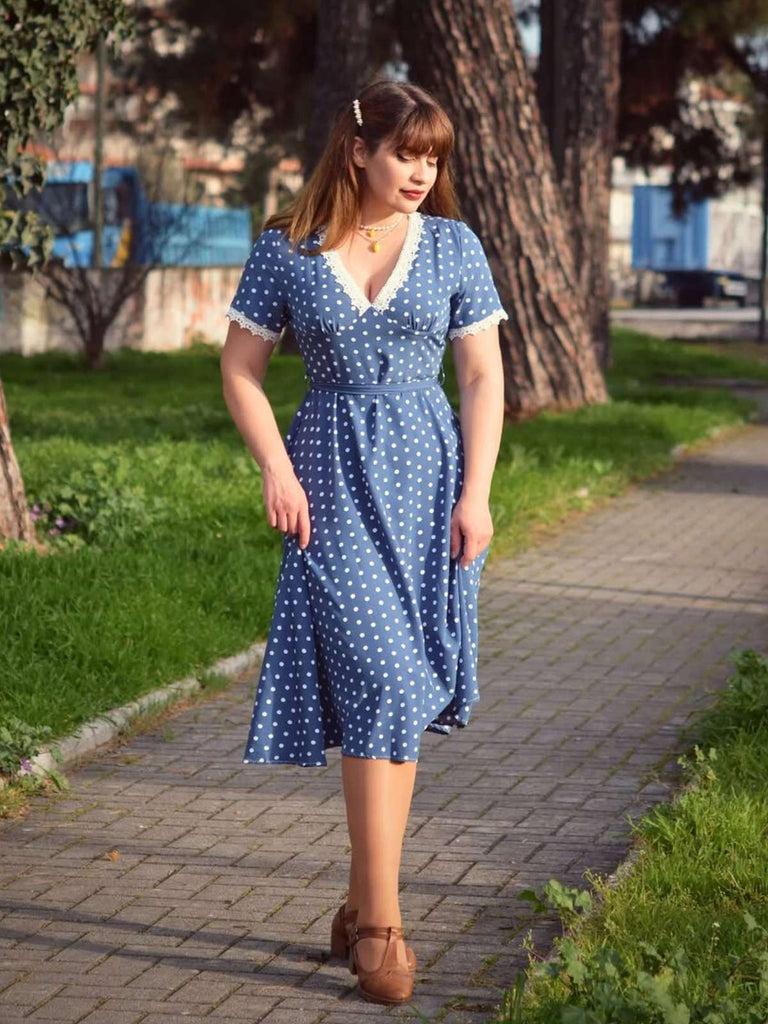 Dunkelblau 1930er V-Ausschnitt Polka Dots Kleid mit Gürtel