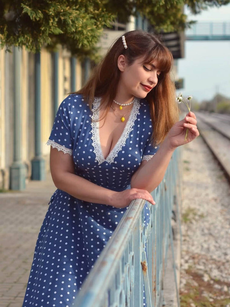 Dunkelblau 1930er V-Ausschnitt Polka Dots Kleid mit Gürtel
