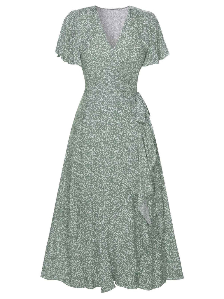 Grün 1940er Blumen Volantärmel Kleid