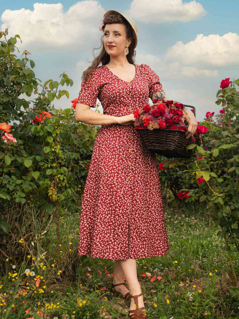 Weinrot 1940er V-Ausschnitt Ditsy Blumen Kleid
