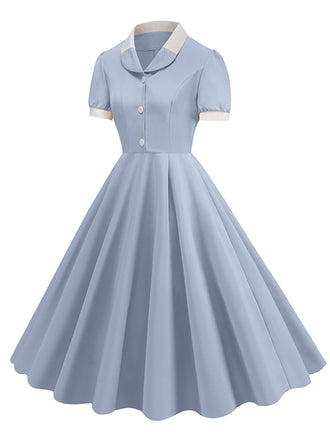 Hellblau 1950er Kontrast Kurzarm Revers Kleid