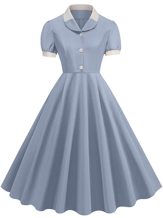 Hellblau 1950er Kontrast Kurzarm Revers Kleid