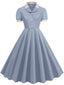 Hellblau 1950er Kontrast Kurzarm Revers Kleid