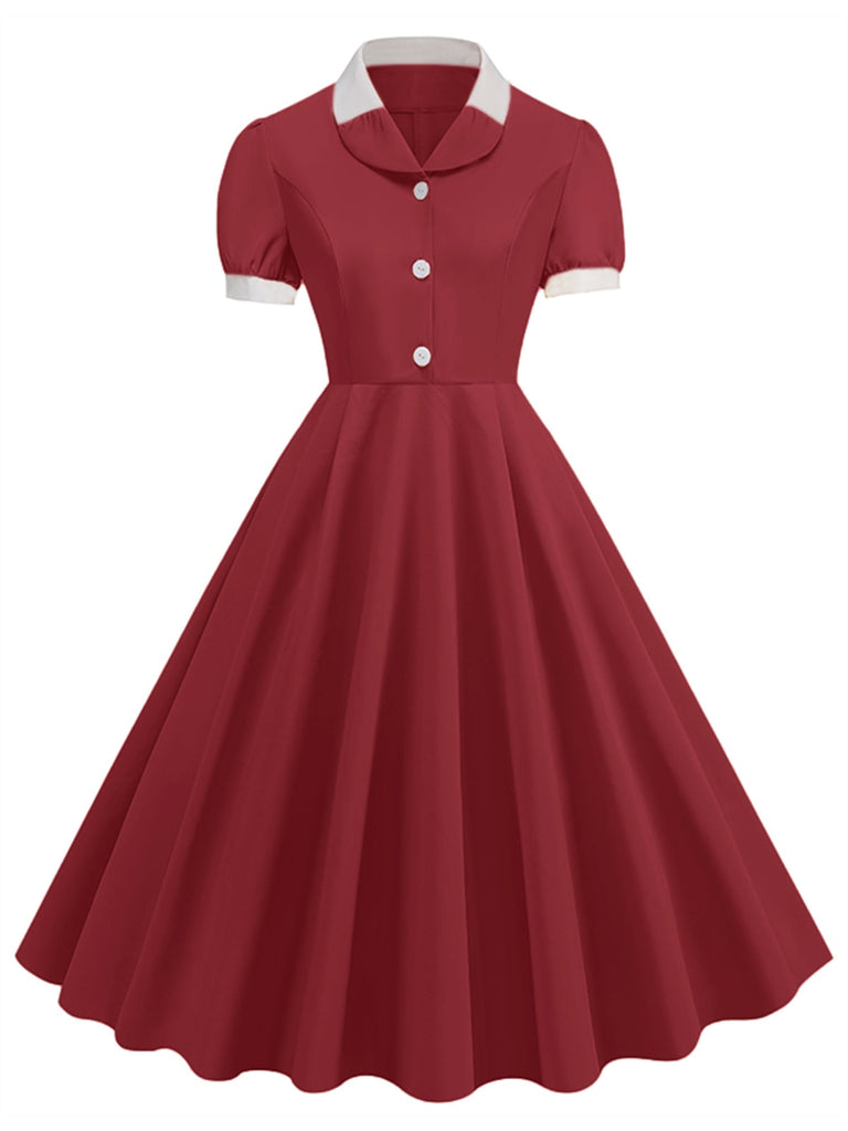 1950er Kontrast Kurzarm Revers Kleid