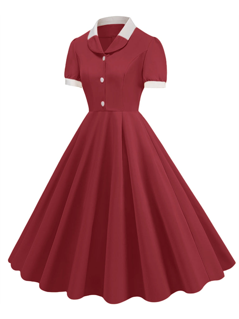 1950er Kontrast Kurzarm Revers Kleid
