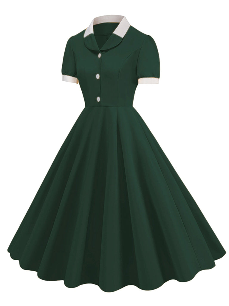 1950er Kontrast Kurzarm Revers Kleid