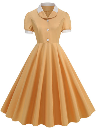 1950er Kontrast Kurzarm Revers Kleid