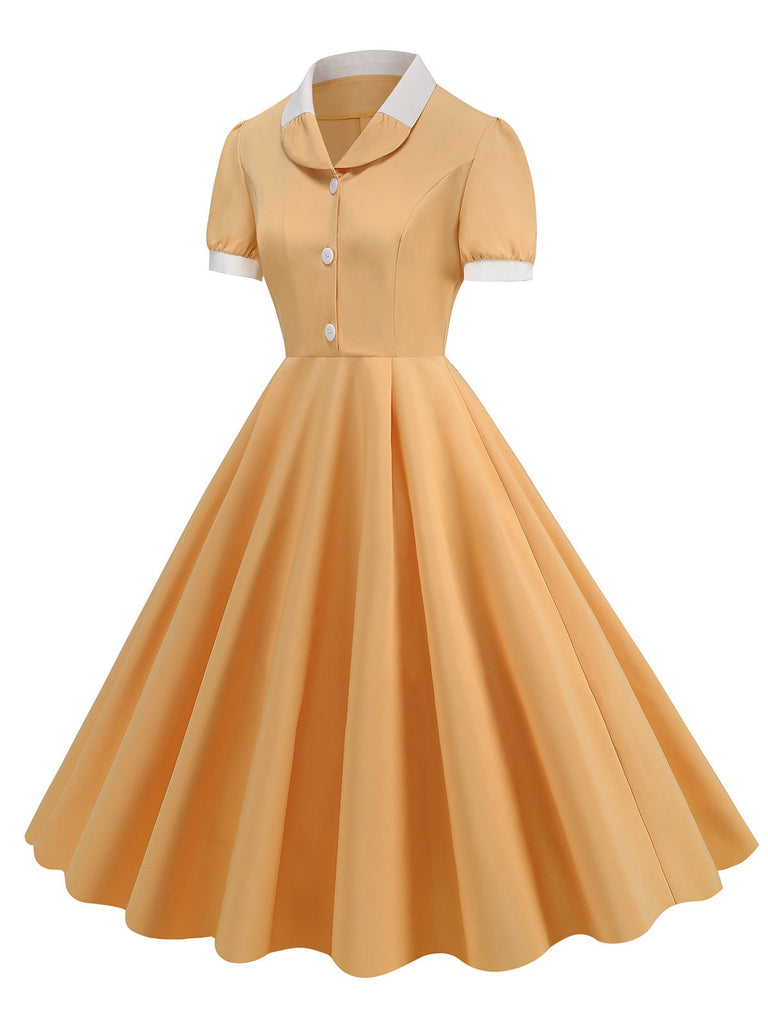 1950er Kontrast Kurzarm Revers Kleid