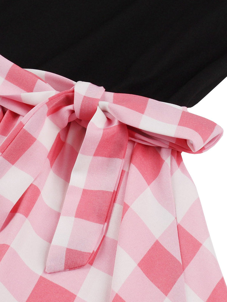 Schwarz 1950er Rundhal Alsausschnitt Patchwork Swing Kleid