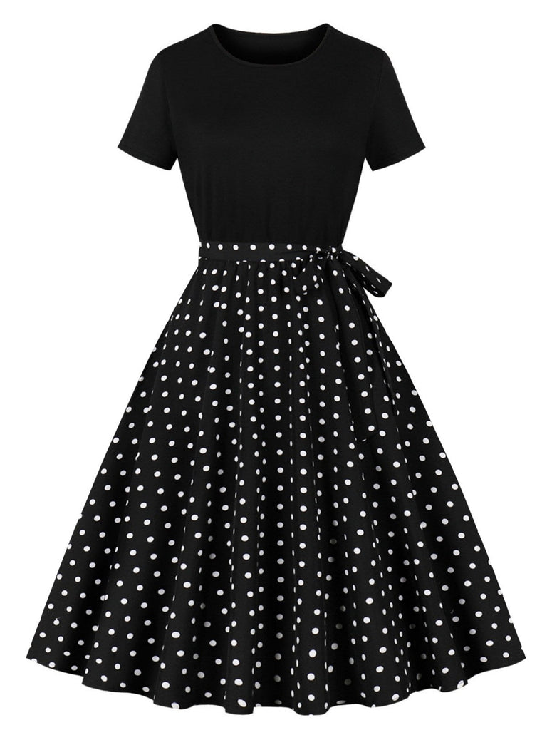 Schwarz 1950er Rundhal Alsausschnitt Patchwork Swing Kleid