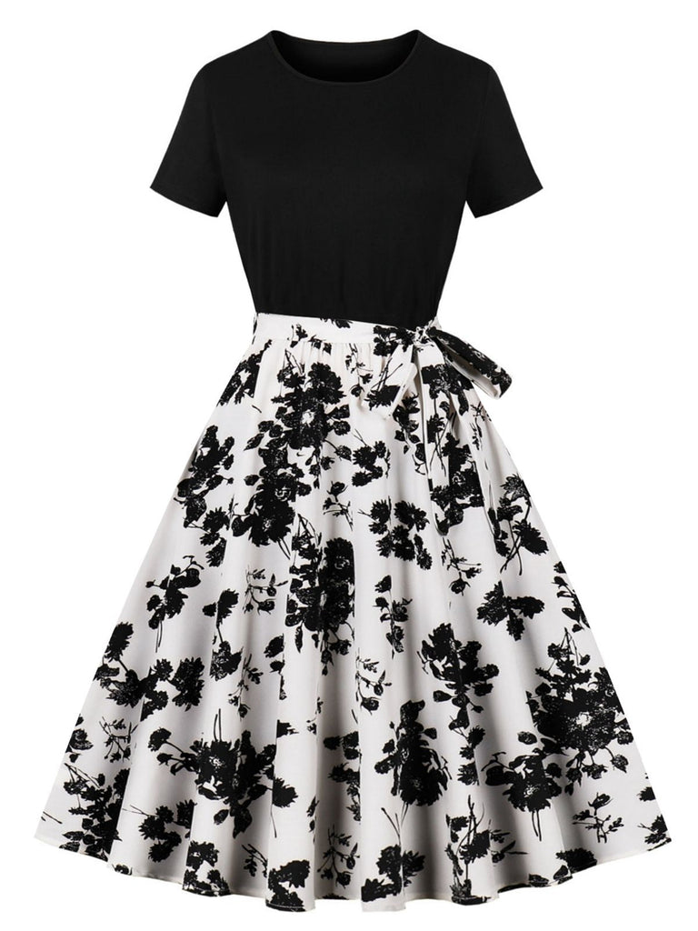 Schwarz 1950er Rundhal Alsausschnitt Patchwork Swing Kleid