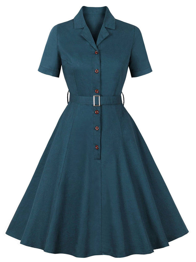 1950er Revers Solide Tasten Gürtel kleid