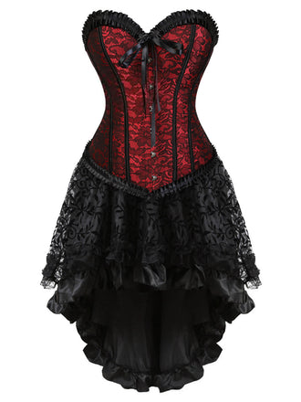 Weinrot 2PCS 1970er Steampunk Spitze Korsett & High-Low Rock